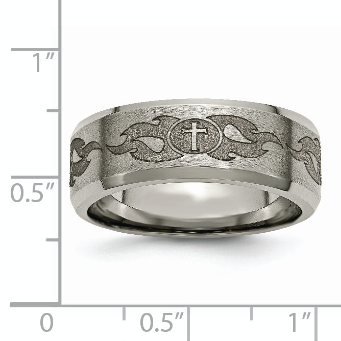 Titanium Wedding Band with Laser Cross Design and Beveled Edge