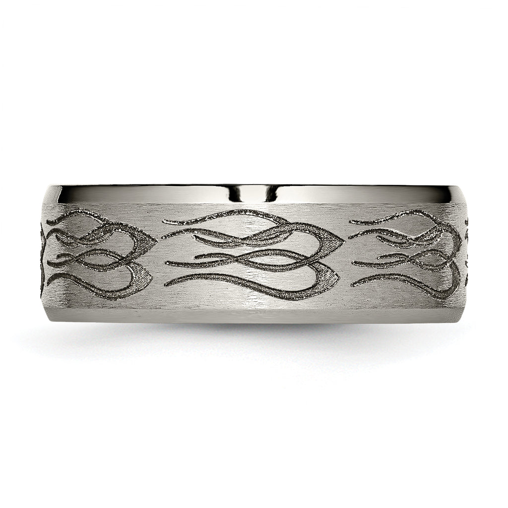Titanium Wedding Band with Laser Flames Engravable Unisex 8mm Beveled Edge