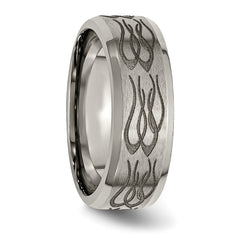 Titanium Brushed and Polished Flames Laser Design 8mm Beveled Edge Band