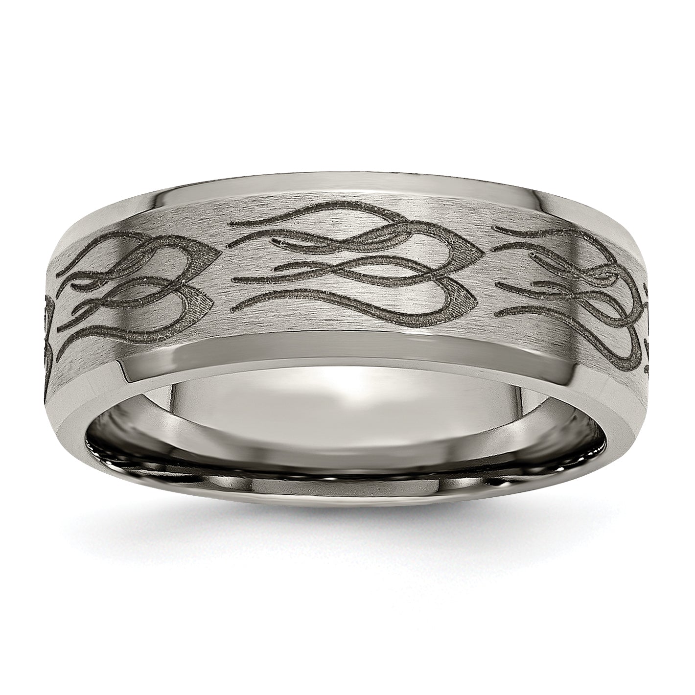 Titanium Brushed and Polished Flames Laser Design 8mm Beveled Edge Band Main image