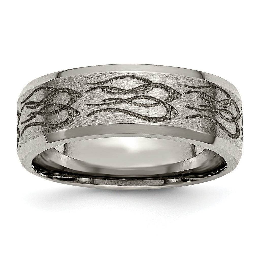 Titanium Brushed and Polished Flames Laser Design 8mm Beveled Edge Band