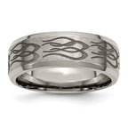 Titanium Brushed and Polished Flames Laser Design 8mm Beveled Edge Band