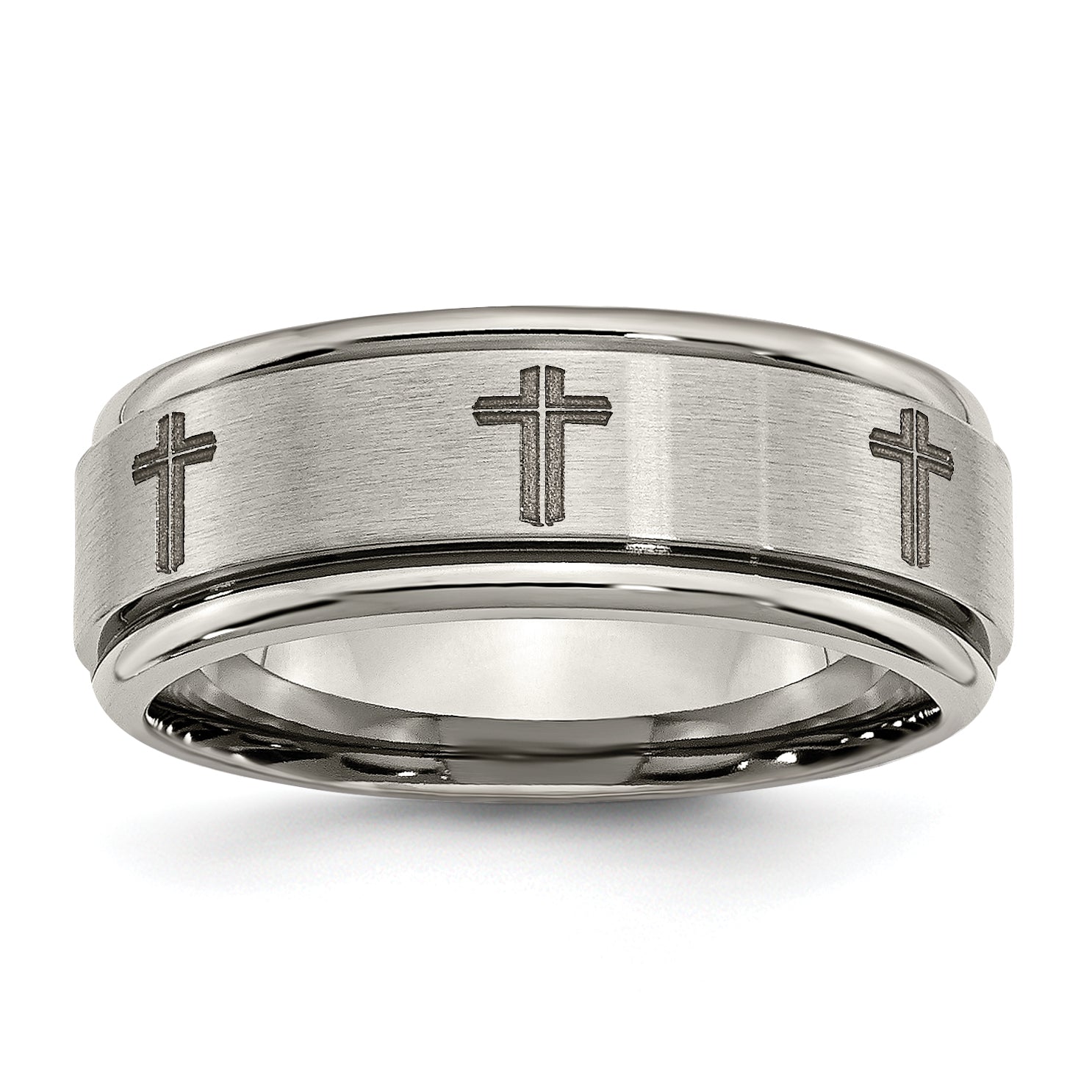 Titanium Brushed and Polished Cross Laser Design 8mm Ridged Edge Band Main image