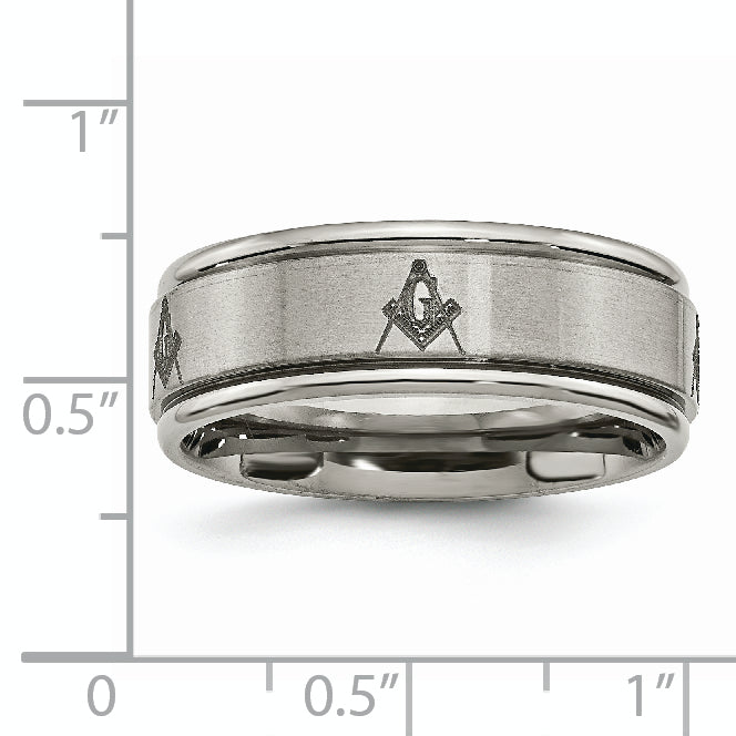 Titanium Masonic Wedding Band with Laser Design and Ridged Edge