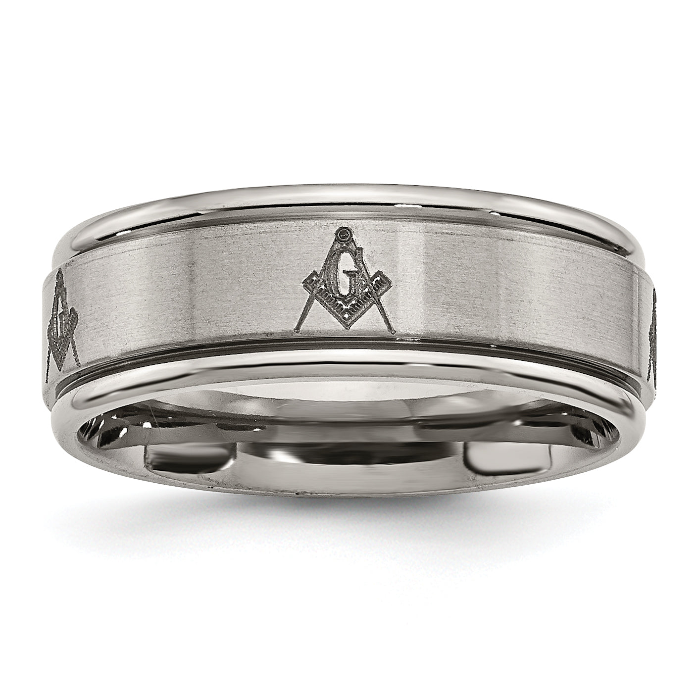 Titanium Brushed and Polished Masonic Laser Design 8mm Ridged Edge Band Main image