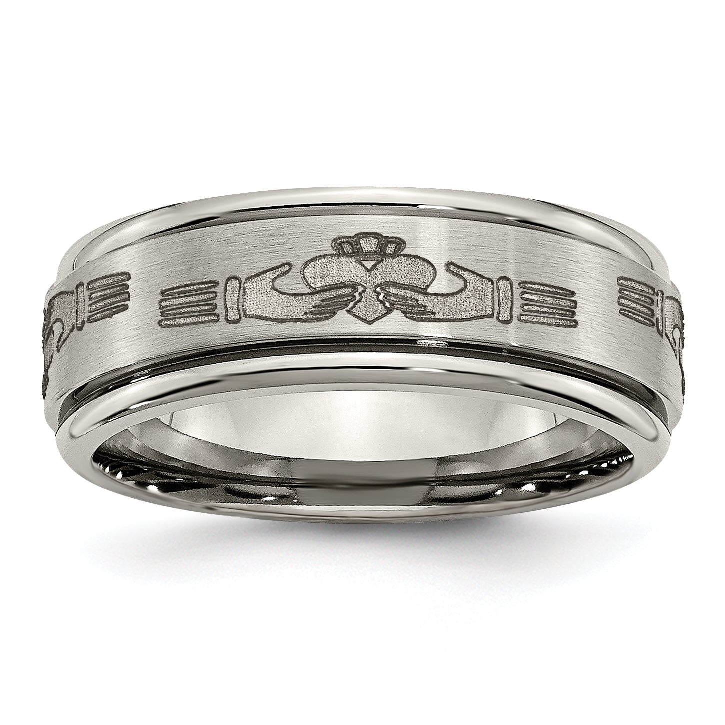 Titanium Brushed and Polished Claddagh Laser Design 8mm Ridged Edge Band