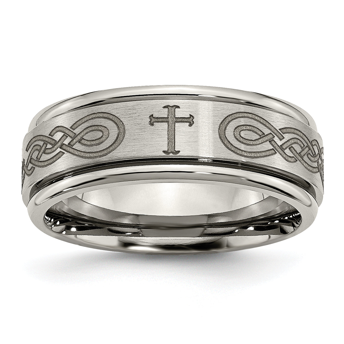 Titanium Brushed and Polished Cross Laser Design 8mm Ridged Edge Band Main image