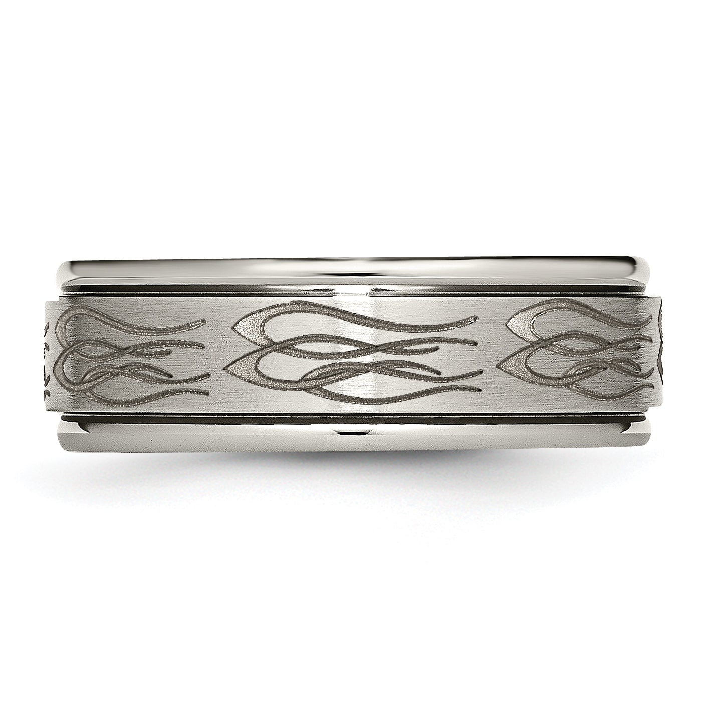 Titanium Ridged Edge Wedding Band with Laser Flame Design