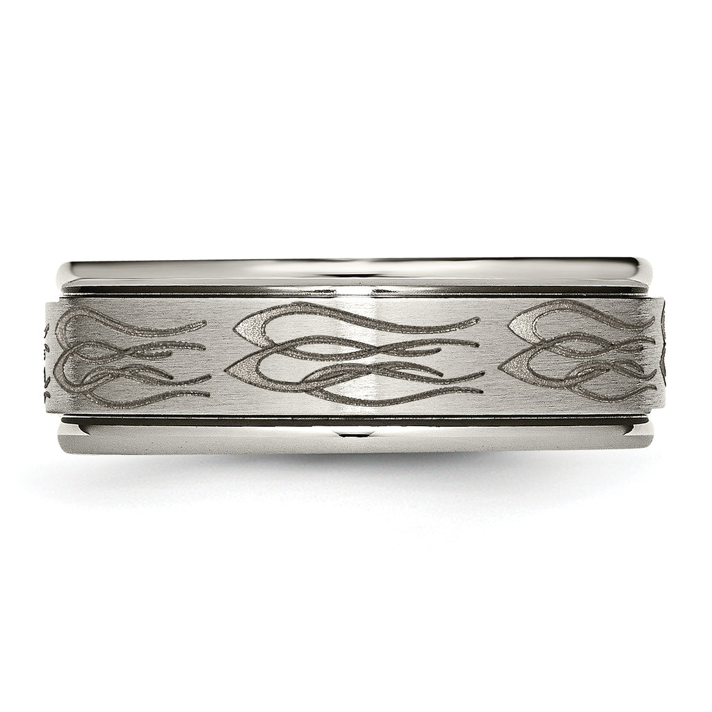 Titanium Ridged Edge Wedding Band with Laser Flame Design