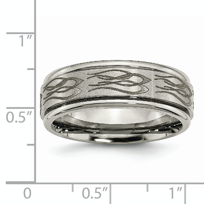 Titanium Ridged Edge Wedding Band with Laser Flame Design