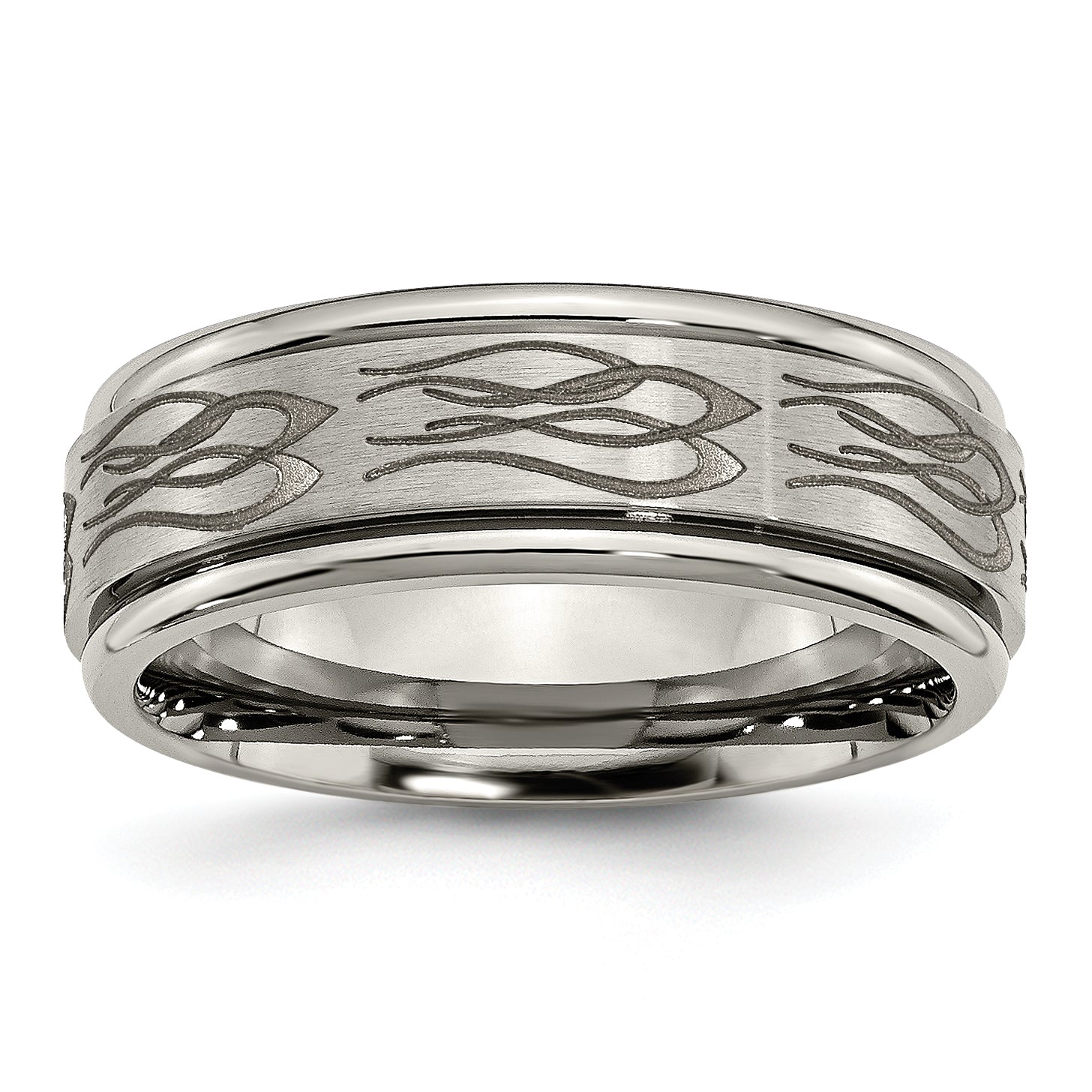 Titanium Brushed and Polished Flame Laser Design 8mm Ridged Edge Band Main image