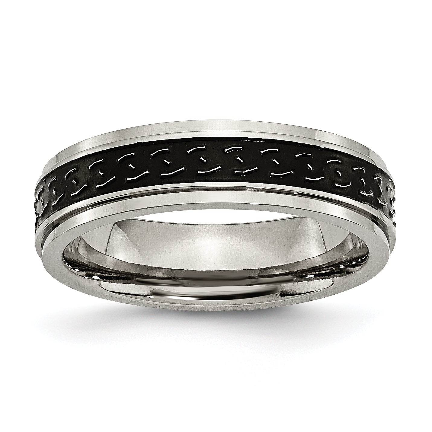 Titanium Polished Black Enamel Braid Design 6mm Ridged Edge Band Main image