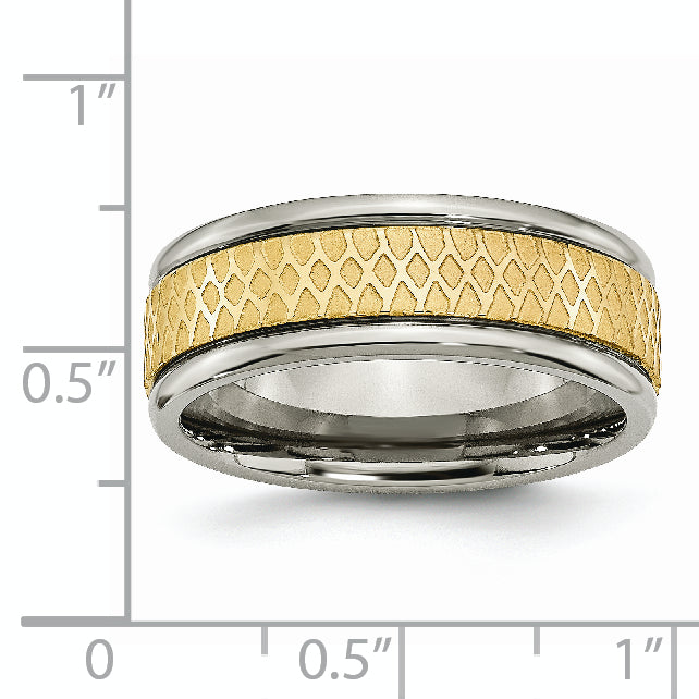 Titanium Unisex Brushed Wedding Band with Gold Tone Ridged Edge