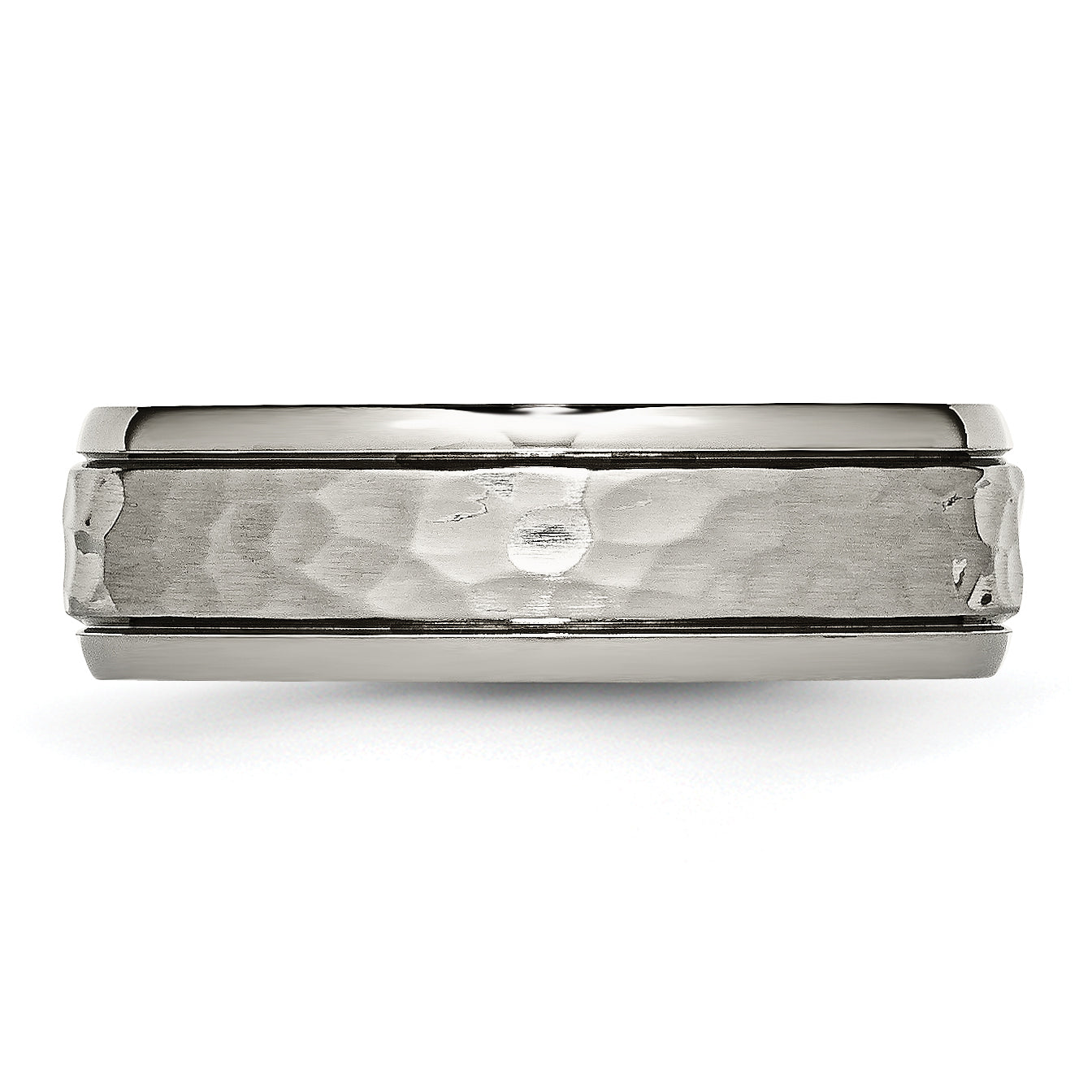Titanium Unisex Wedding Band, Polished Hammered, Engravable, 7mm Grooved Edge