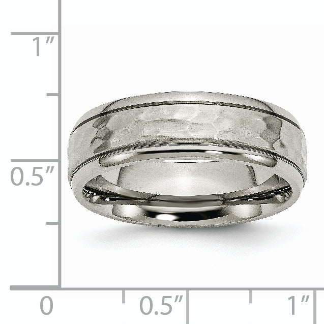 Titanium Unisex Wedding Band, Polished Hammered, Engravable, 7mm Grooved Edge