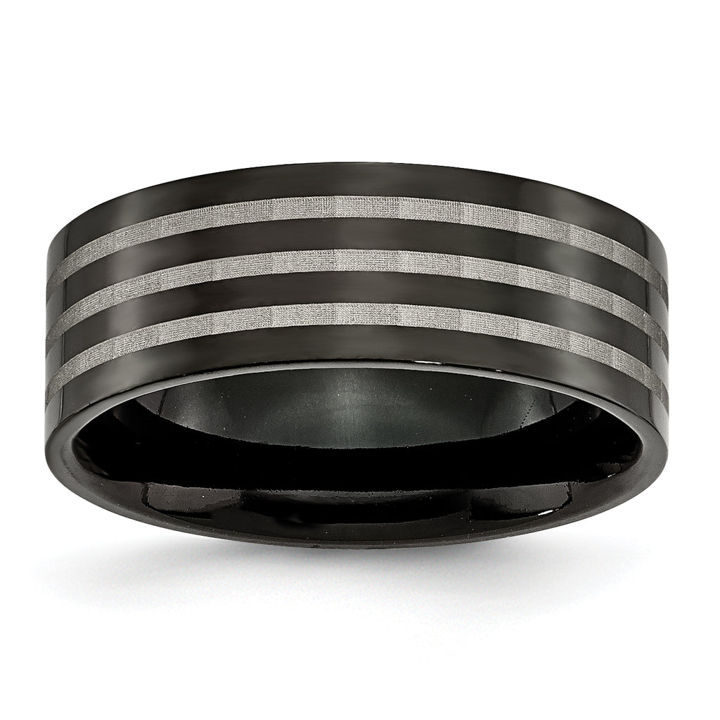 Titanium Polished 8mm Black IP-plated WithSatin Stripes Band