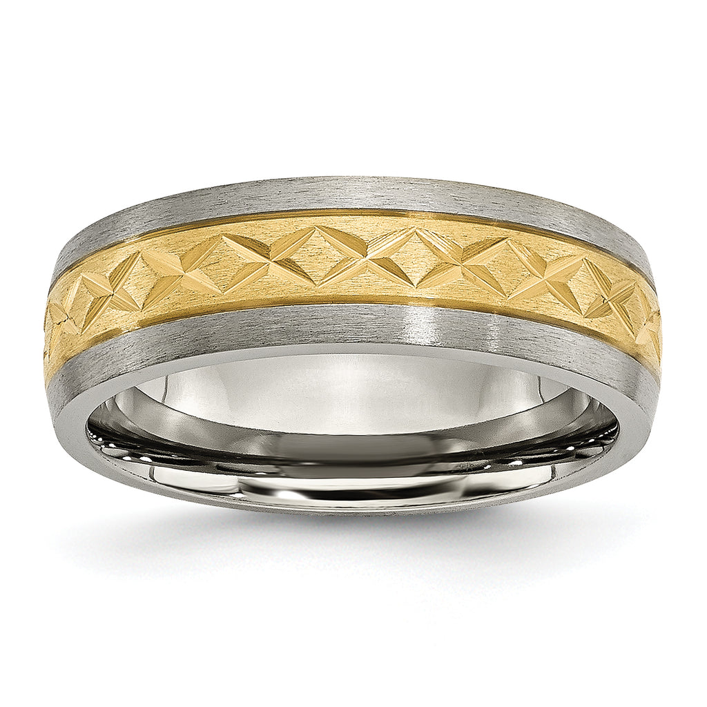 Titanium 7mm Yellow IP-plated X Design Grooved Satin Band