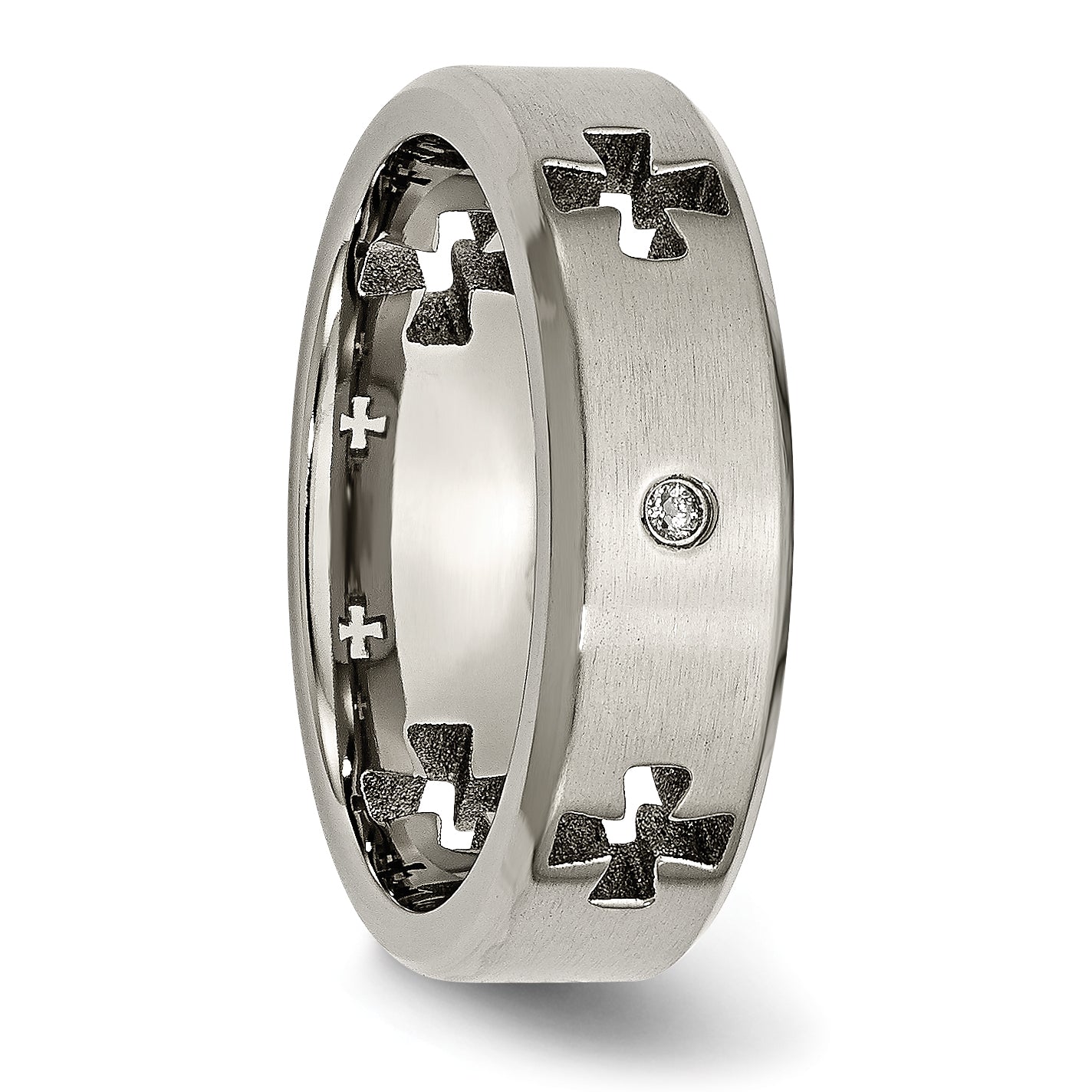 Titanium Wedding Band with Diamond Cross Cutout and Brushed Finish