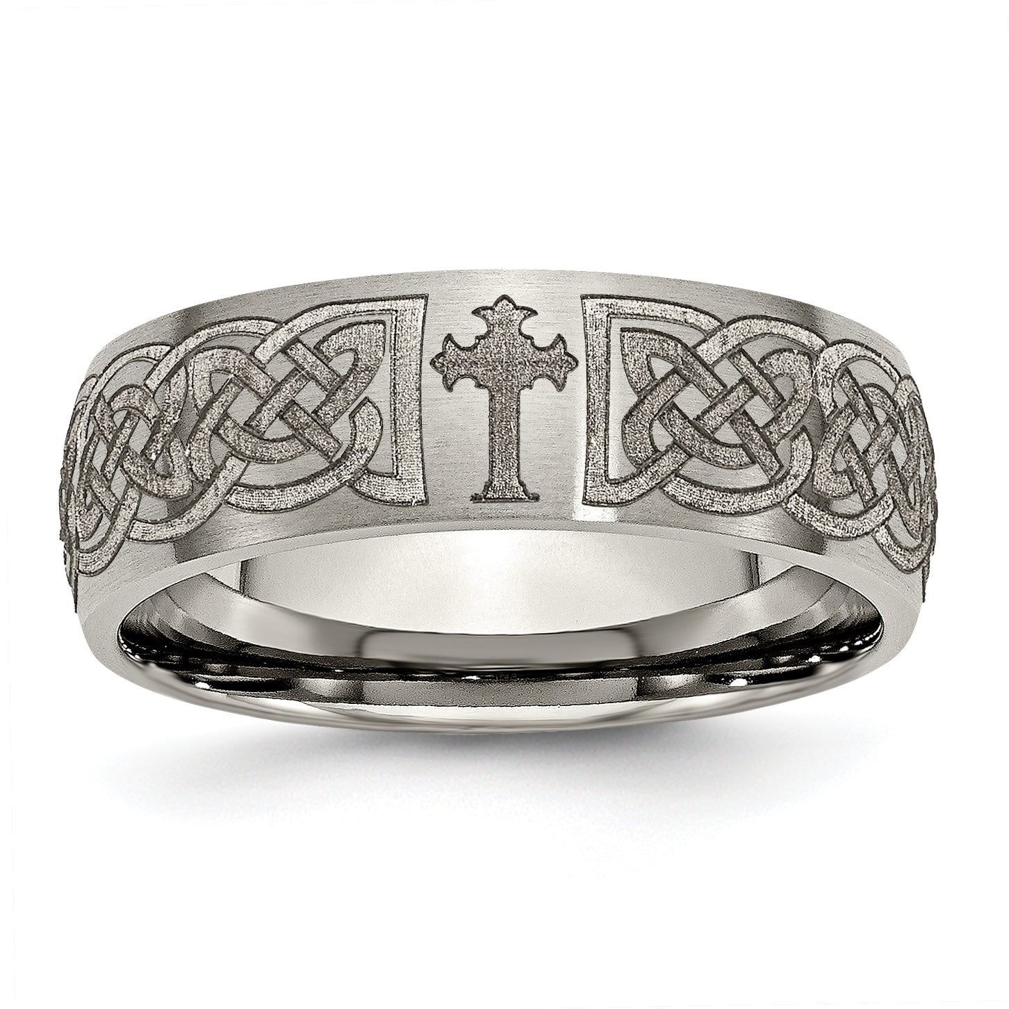 Titanium Brushed Celtic Cross Laser Design 8mm Band Main image