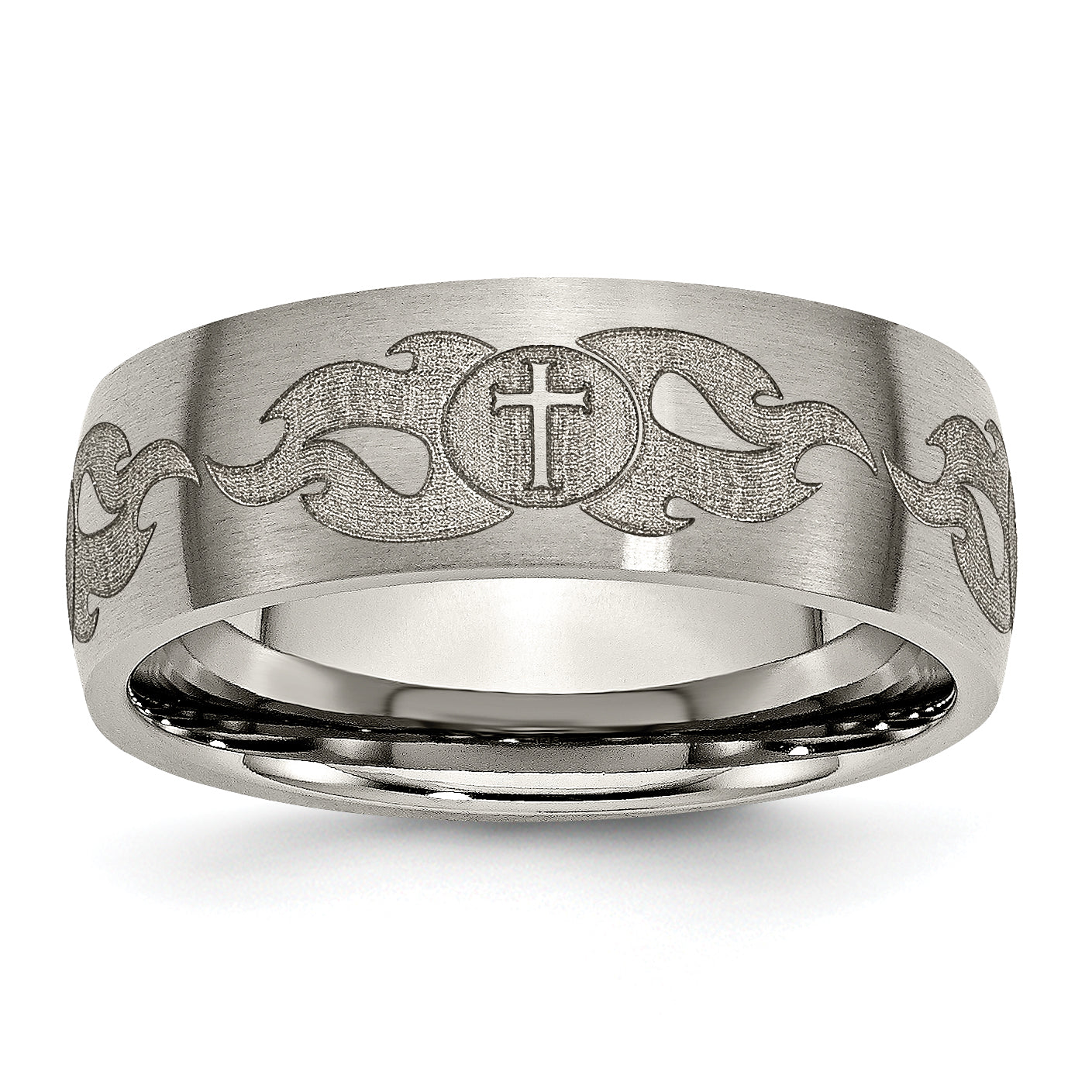 Titanium Brushed Cross with Flames Laser Design 8mm Band Main image