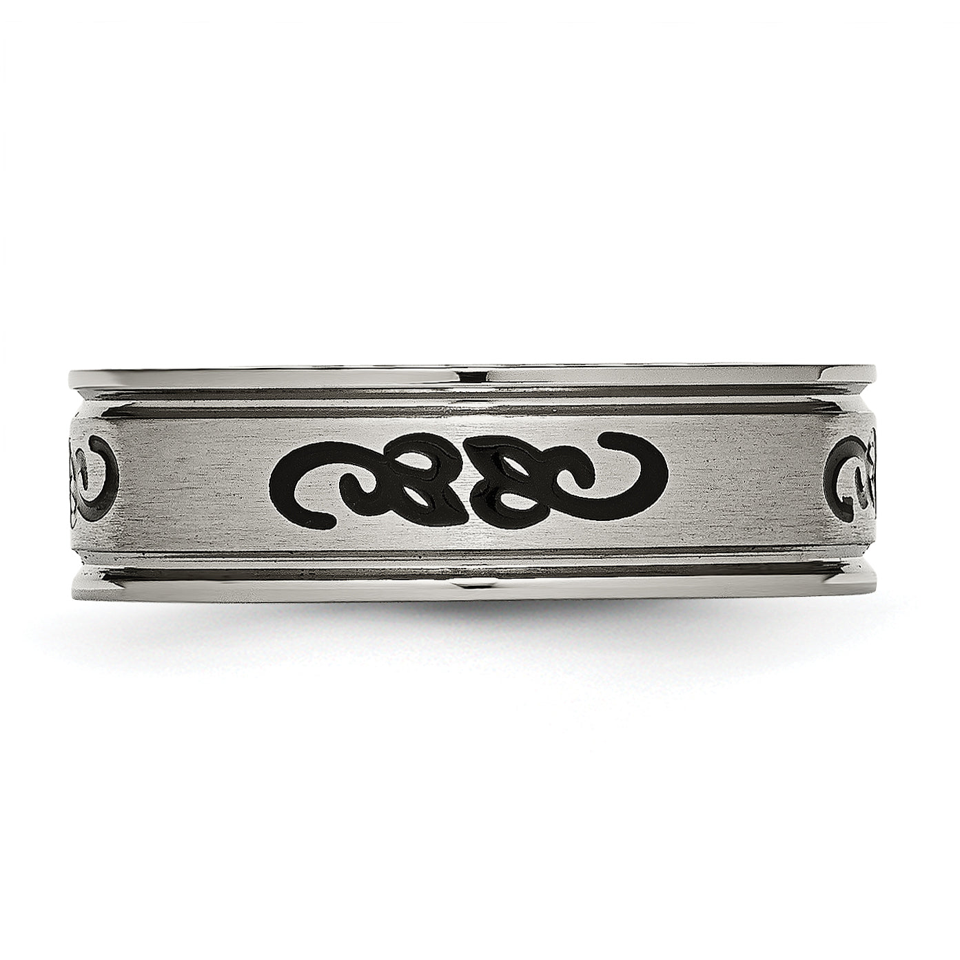 Brushed Ridged-Edge Wedding Band in Titanium with Black Rubber, 7mm