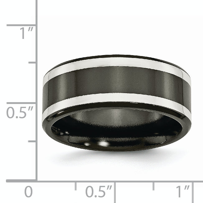 Titanium Silver Inlay Unisex Wedding Band 9mm Polished Engravable