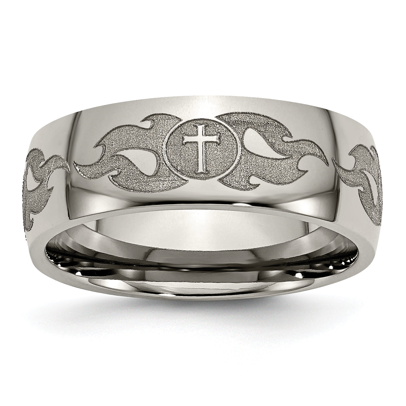 Titanium Polished Cross with Flames Laser Design 8mm Band Main image