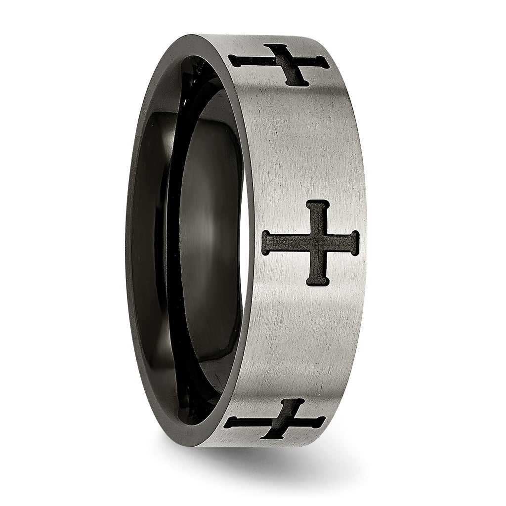 Cross Wedding Band in Titanium with Black IP Plating, 7mm
