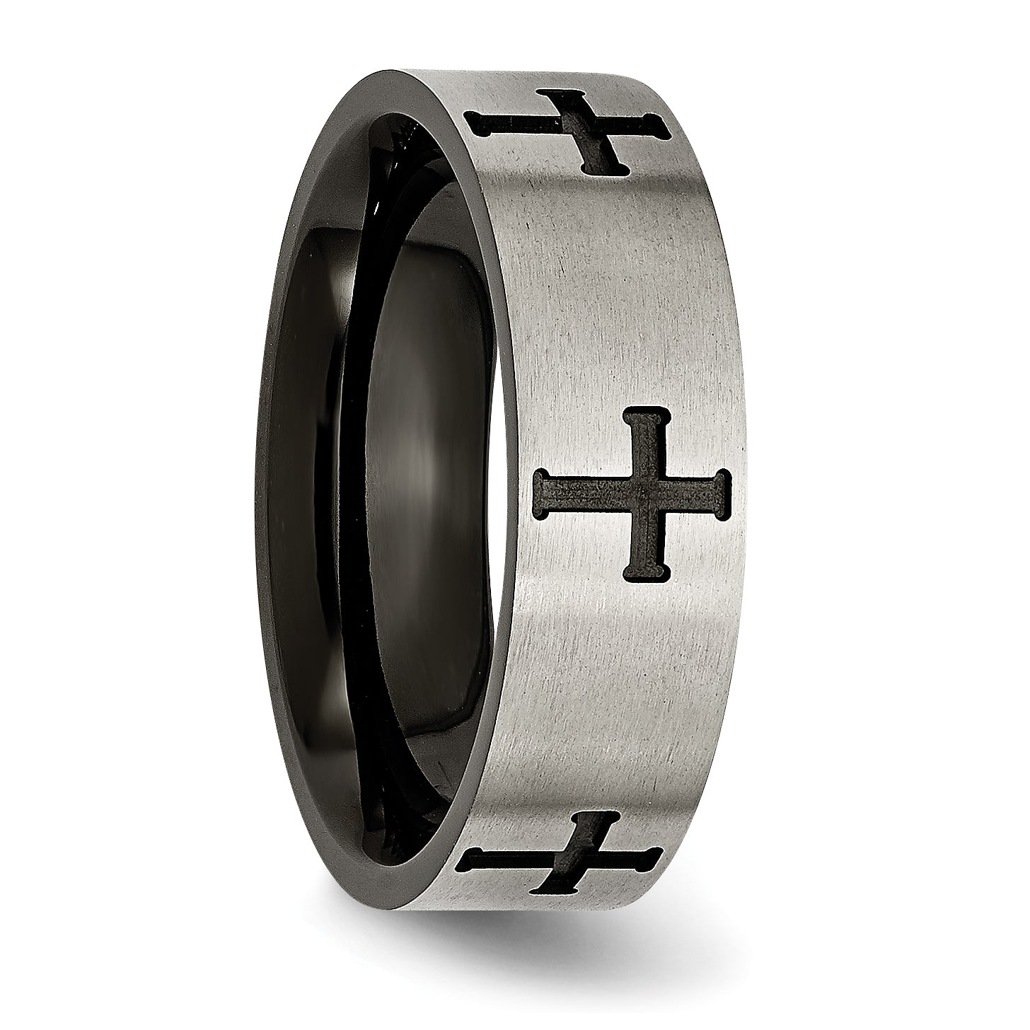 Cross Wedding Band in Titanium with Black IP Plating, 7mm