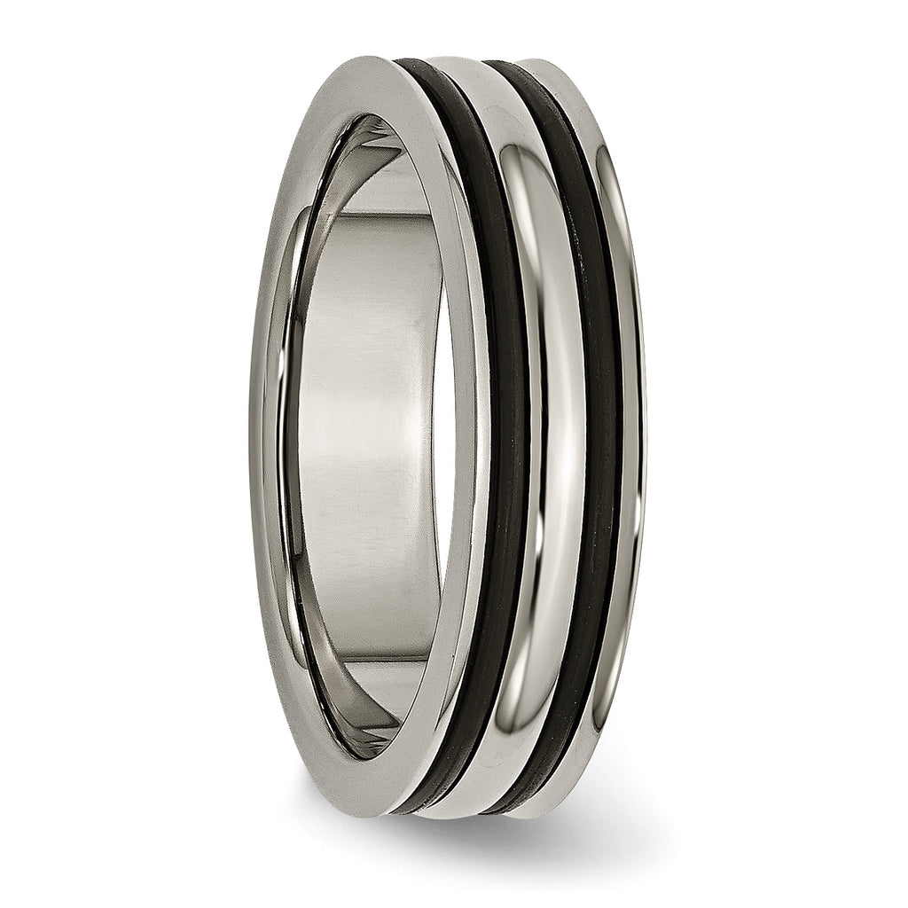Grooved Wedding Band in Titanium with Black Rubber, 6mm