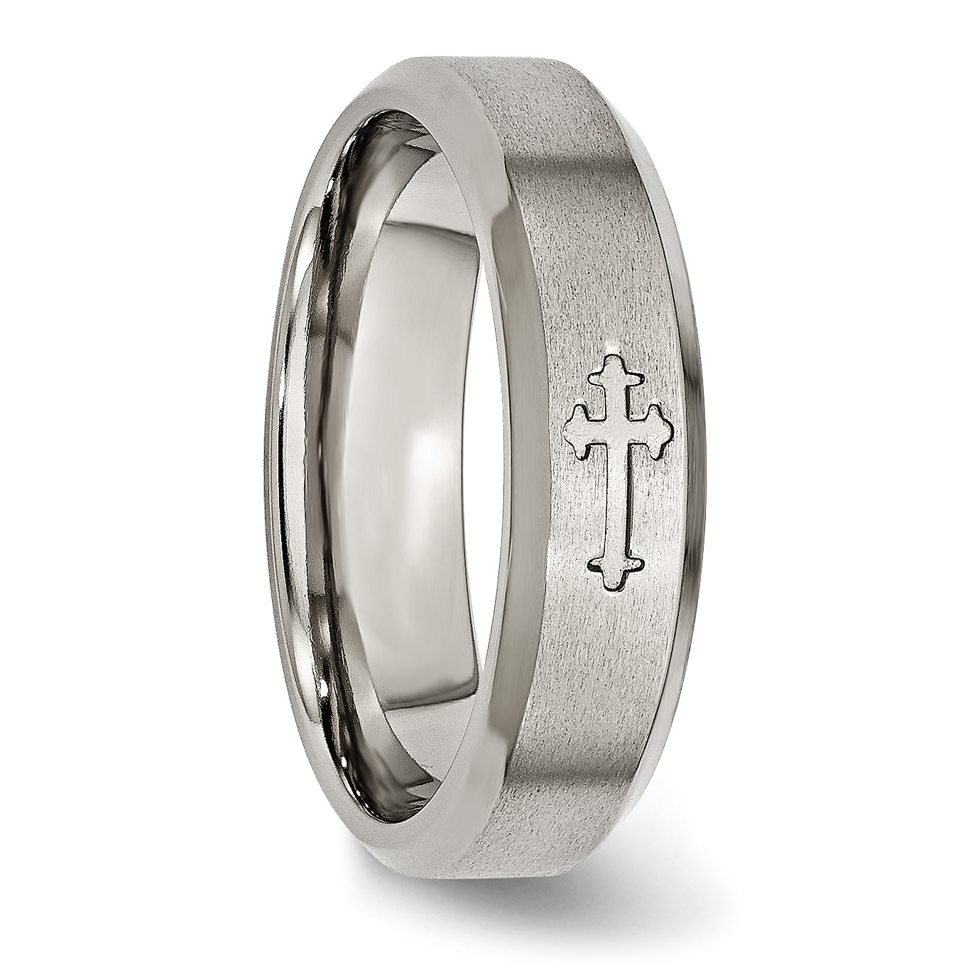 Titanium Wedding Band with Brushed Cross Design and Beveled Edge