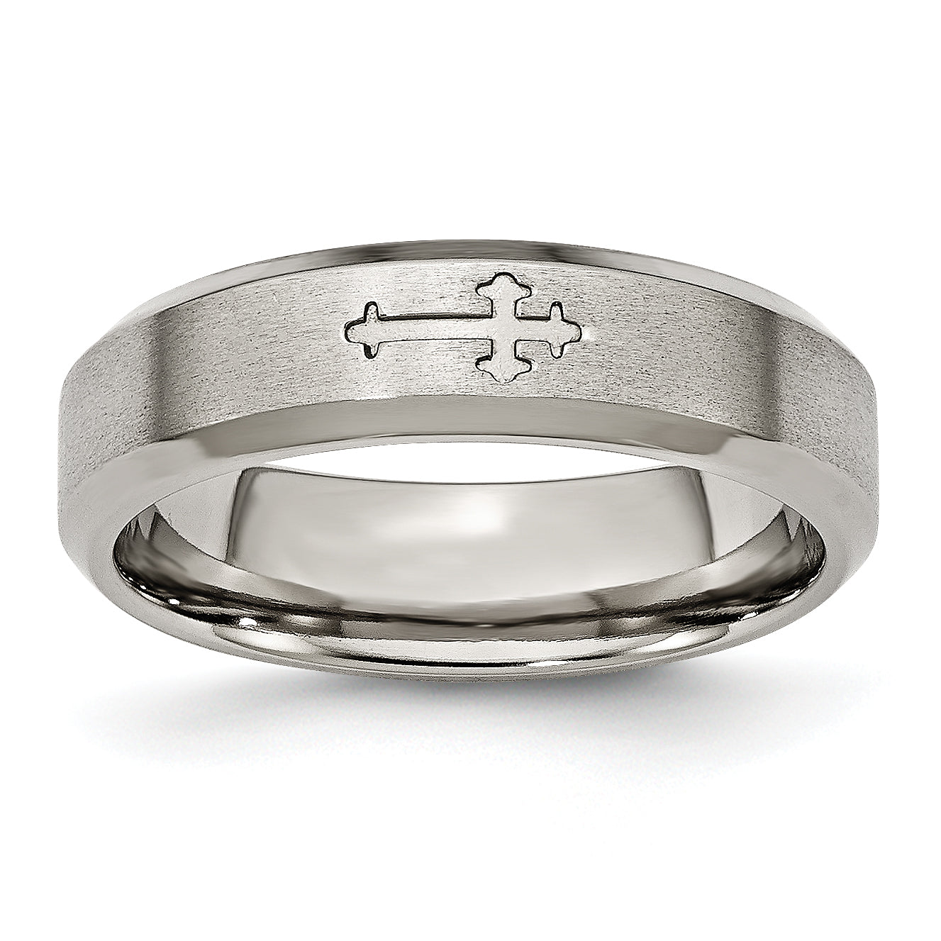 Titanium Brushed Center Cross Design 6mm Beveled Edge Band
