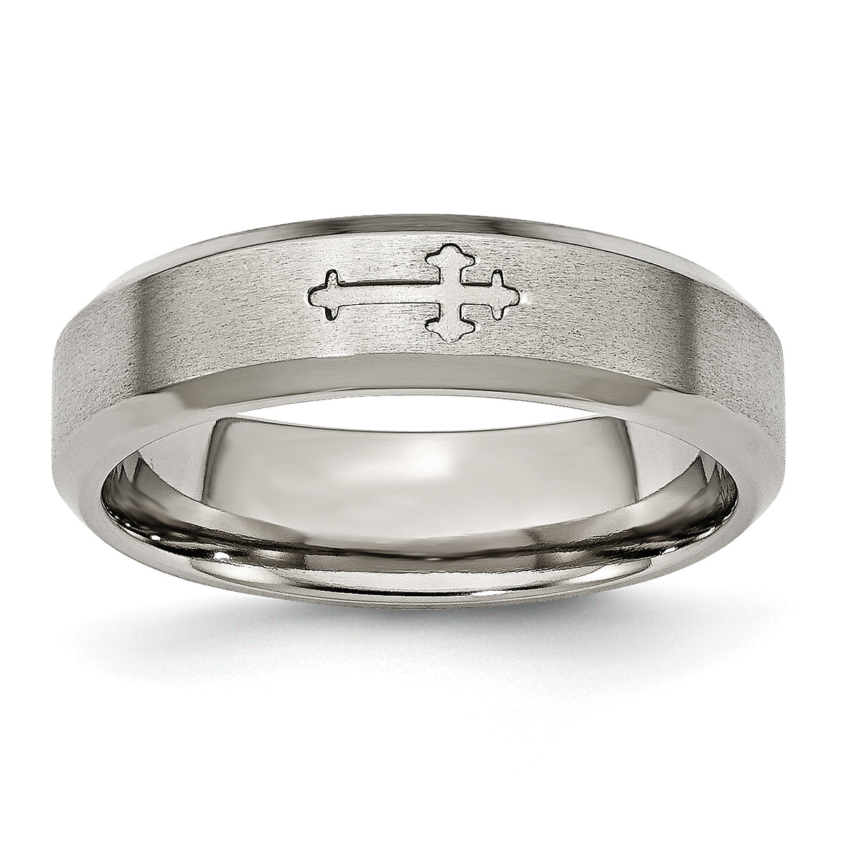 Titanium Brushed Center Cross Design 6mm Beveled Edge Band
