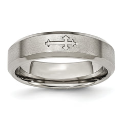 Titanium Brushed Center Cross Design 6mm Beveled Edge Band