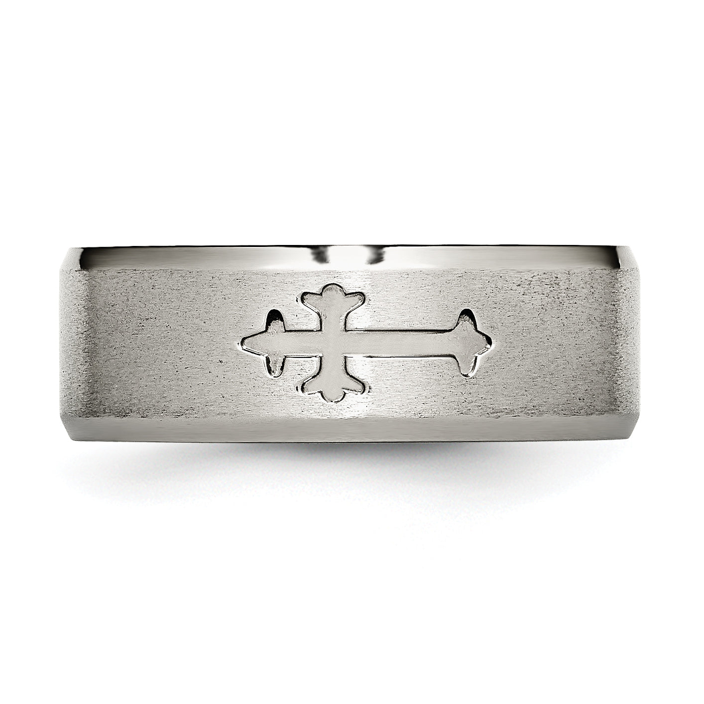 Titanium Unisex Wedding Band with Cross Design and Engravable Beveled Edge