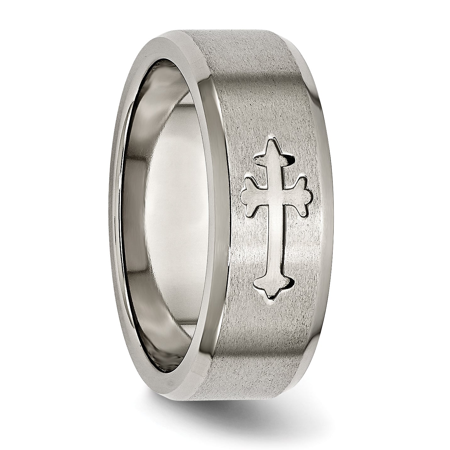 Titanium Unisex Wedding Band with Cross Design and Engravable Beveled Edge