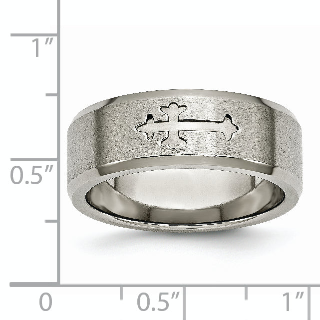 Titanium Unisex Wedding Band with Cross Design and Engravable Beveled Edge