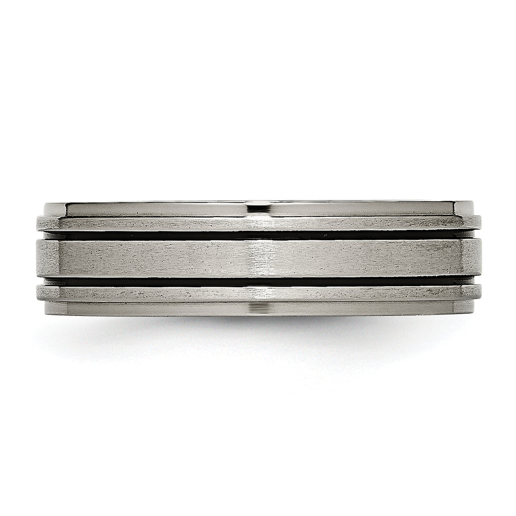Black Enamel Ridged-Edge Wedding Band in Titanium, 6mm