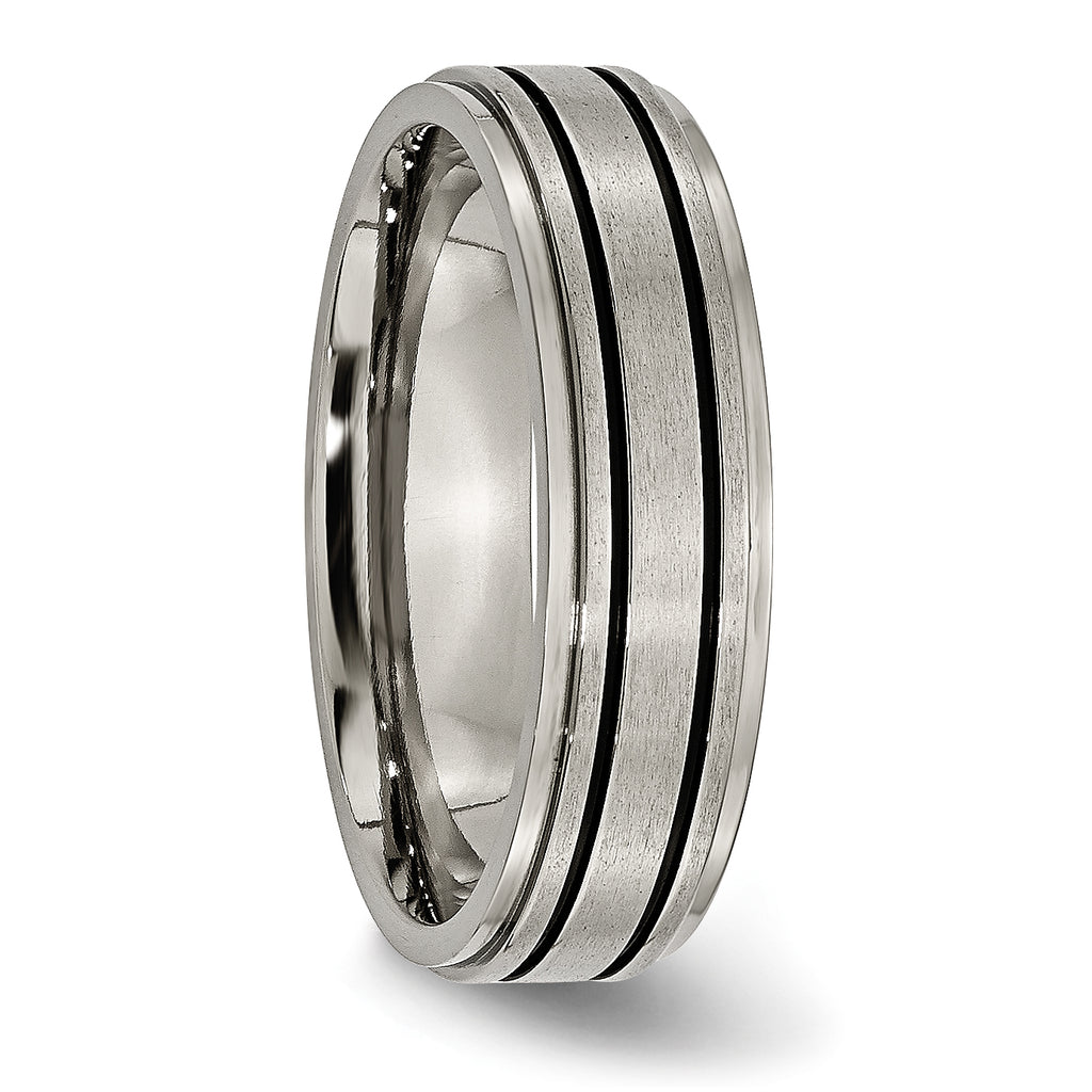 Black Enamel Ridged-Edge Wedding Band in Titanium, 6mm