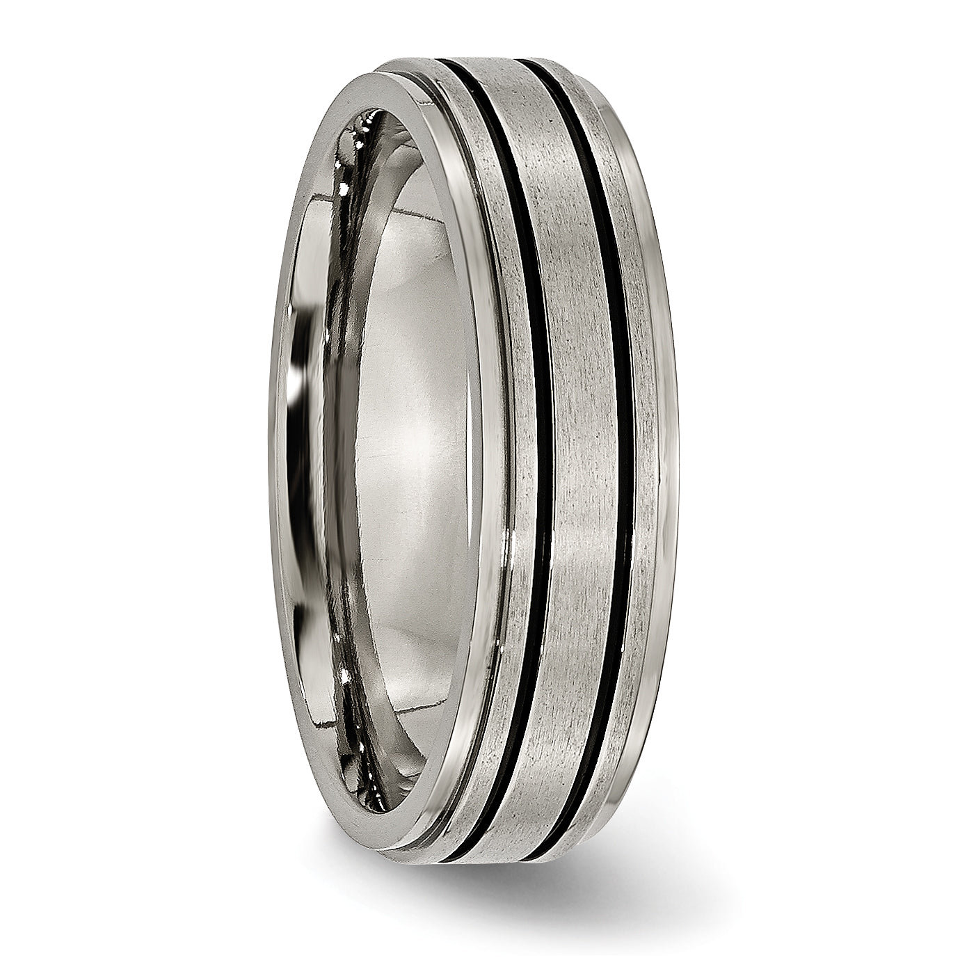Black Enamel Ridged-Edge Wedding Band in Titanium, 6mm