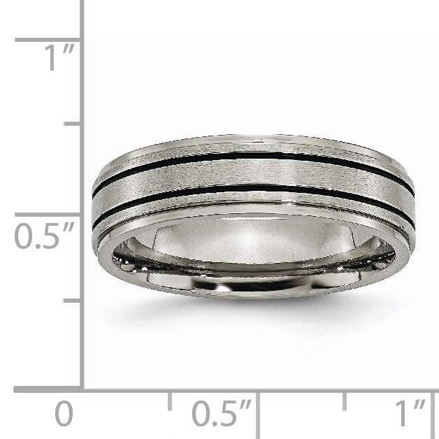 Black Enamel Ridged-Edge Wedding Band in Titanium, 6mm