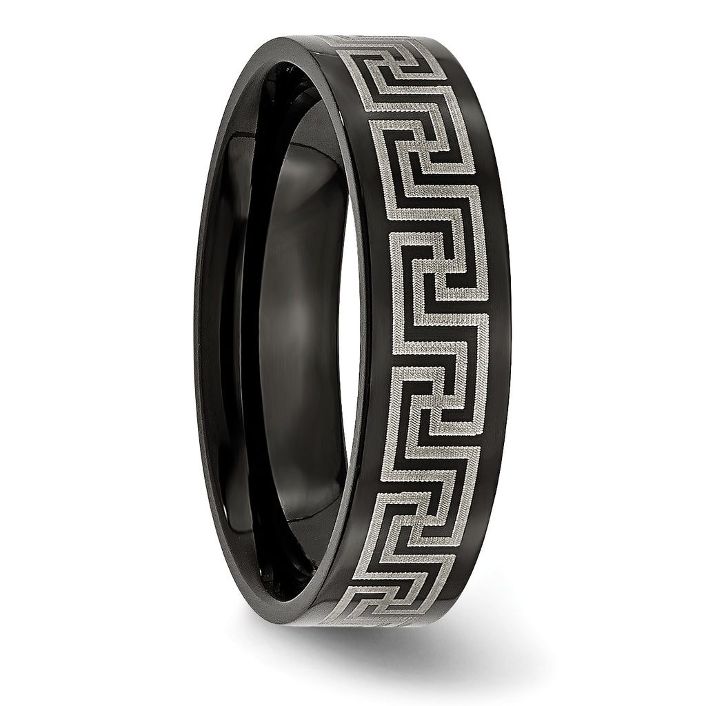 Greek Key Wedding Band in Titanium with Black IP, 6mm