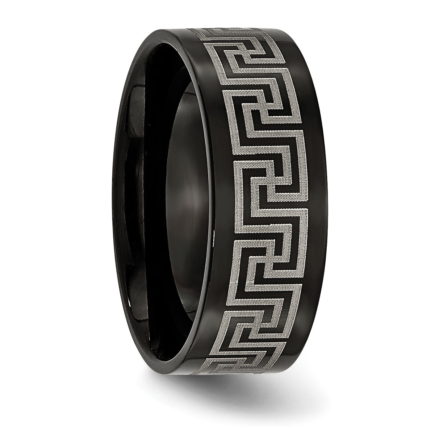 Greek Key Wedding Band in Black IP-Plated Titanium, 8mm