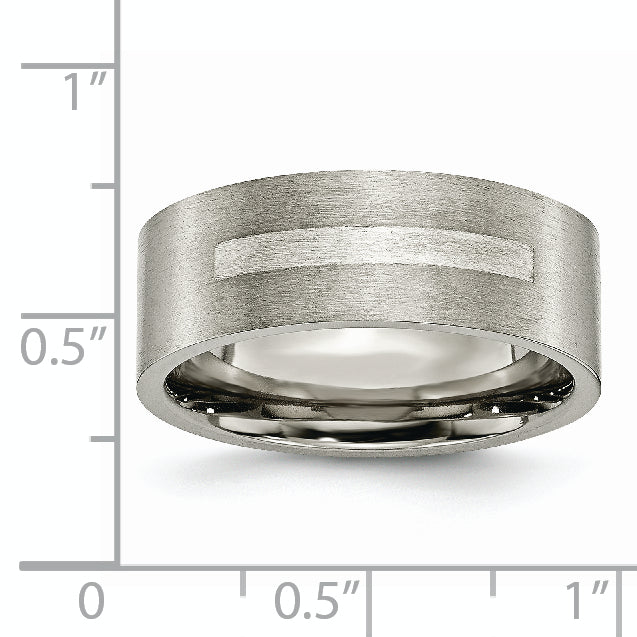 Titanium Silver Inlay Unisex Wedding Band Brushed 8mm Engravable