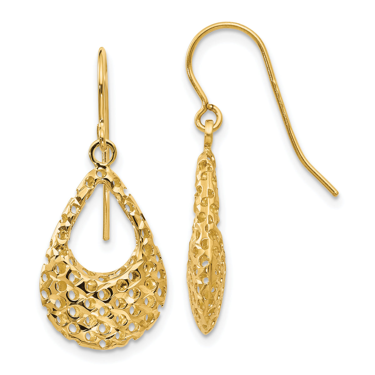 10K Textured D/C Shepherd Hook Dangle Earrings