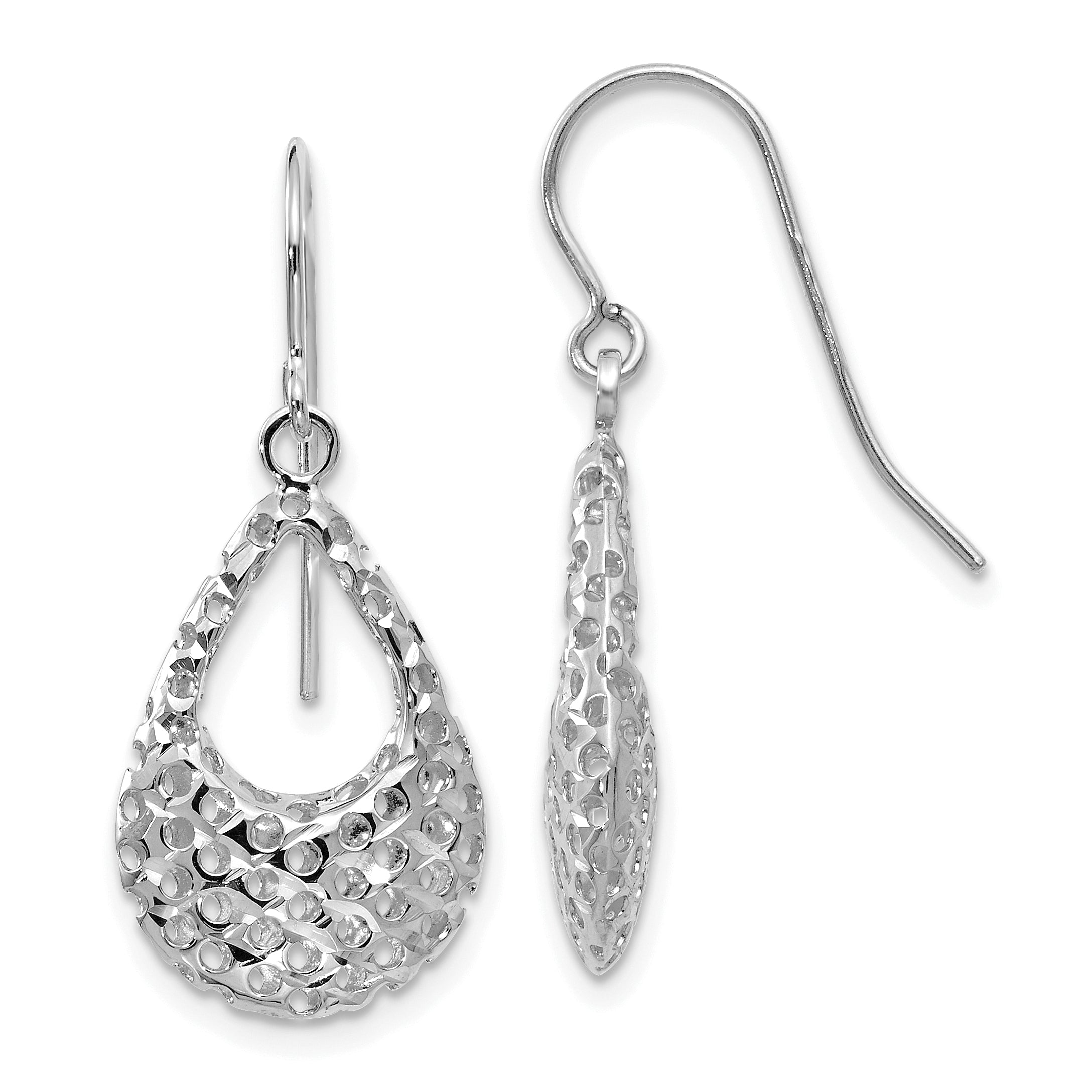 10K White Gold Textured Shepherd Hook Dangle Earrings Main image