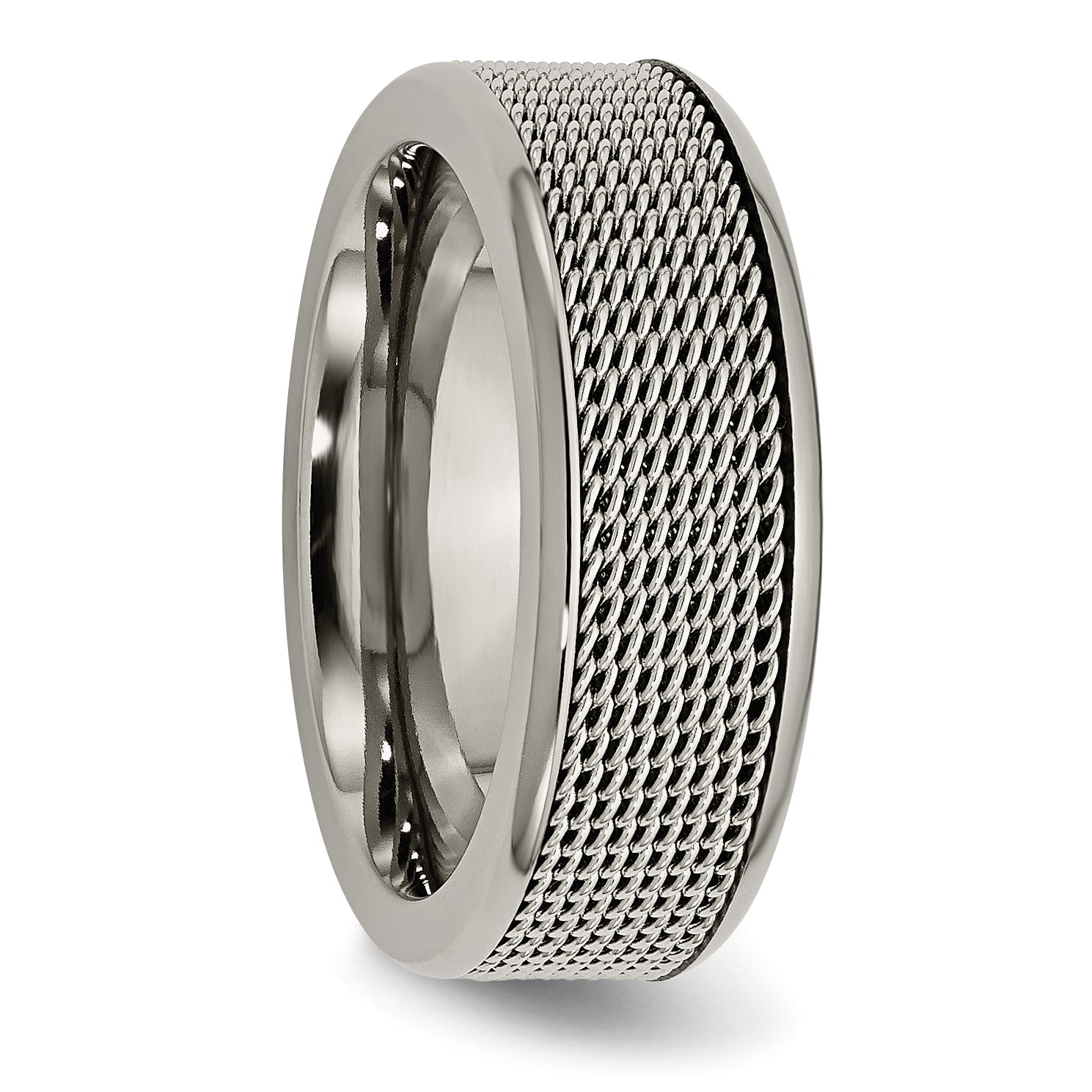 Titanium Unisex Wedding Band with Polished StainleSterling Silver Mesh Center