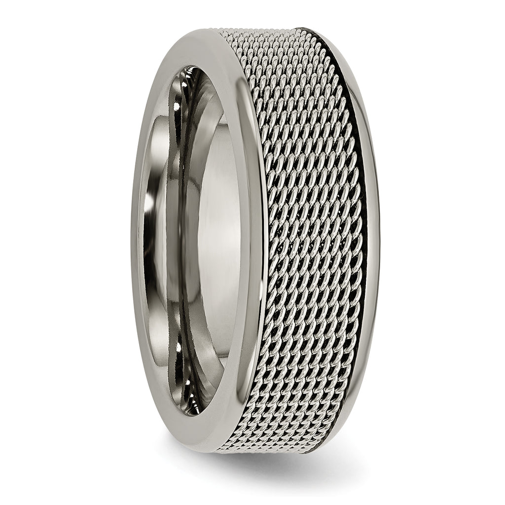 Titanium Unisex Wedding Band with Polished StainleSterling Silver Mesh Center