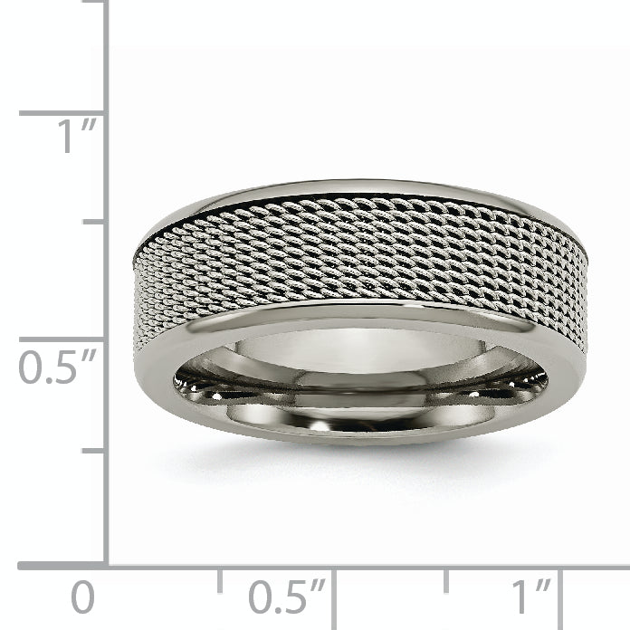 Titanium Unisex Wedding Band with Polished StainleSterling Silver Mesh Center