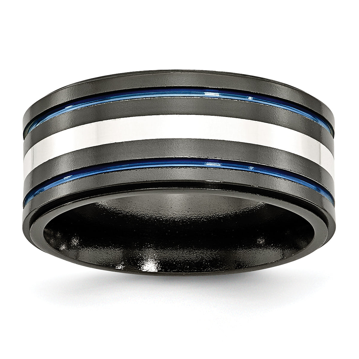 Titanium Black Ti with/Sterling Silver Inlay Blue Anodized 10mm Band
